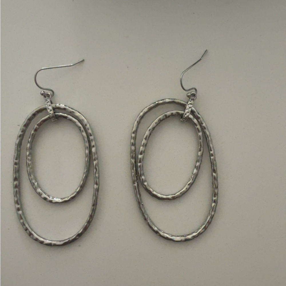 Silver Textured Double Oval Earrings